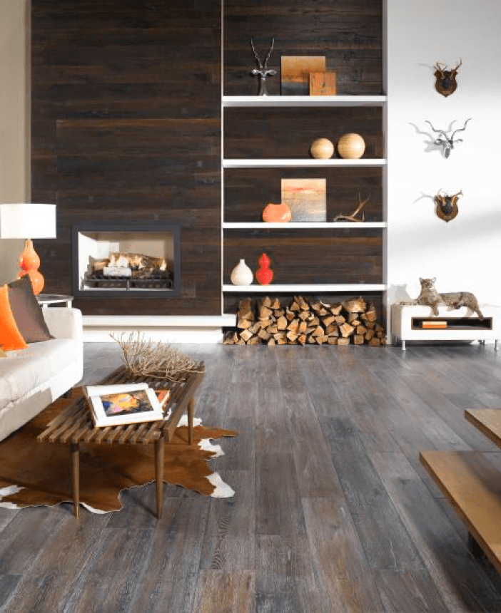 dark wood look flooring in rustic modern room